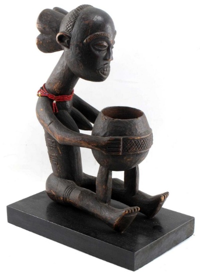YORUBA FEMALE WOOD CARVING SCULPTURE W BOWL