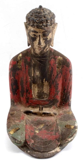 SHRINE OR TEMPLE POLYCHROME WOOD BUDDHA ANTIQUE