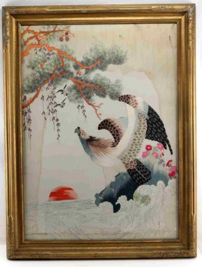 VINTAGE JAPANESE EMBROIDERY WITH EAGLE FRAMED