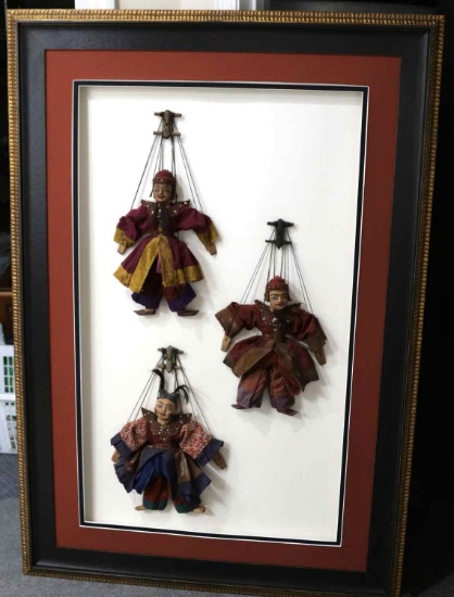 LOT OF 3 ANTIQUE ASIAN PUPPETS MOUNTED & FRAMED