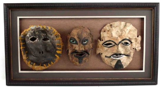 LOT OF 3 ETHNIC HIDE LEATHER MASKS IN OPEN FRAME