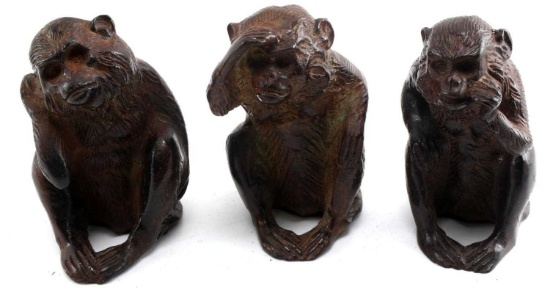 THREE BRONZE SEE HEAR AND SPEAK EVIL MONKEYS
