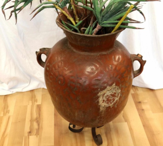 LARGE TWO HANDLED RED SLIP CLAY VASE W STAND