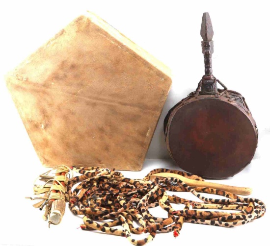 AFRICAN TRIBAL DRUM AND PERCUSSION INSTRUMENT LOT
