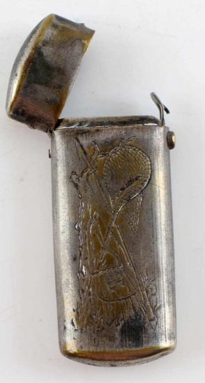 ANTIQUE BRASS ALLOY MATCH SAFE ENGRAVED FISHING