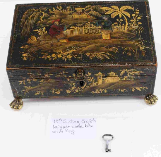 18TH CENTURY ENGLISH LAQUER WARE BOX WITH KEY