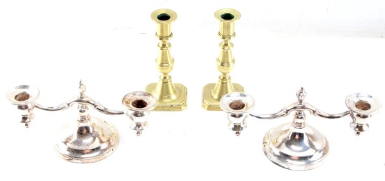 2 PAIR OF CANDLESTICK HOLDERS BRASS & SILVER PLATE
