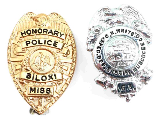 2 OBSOLETE POLICE BADGE LOT MUSCOGEE & BILOXI