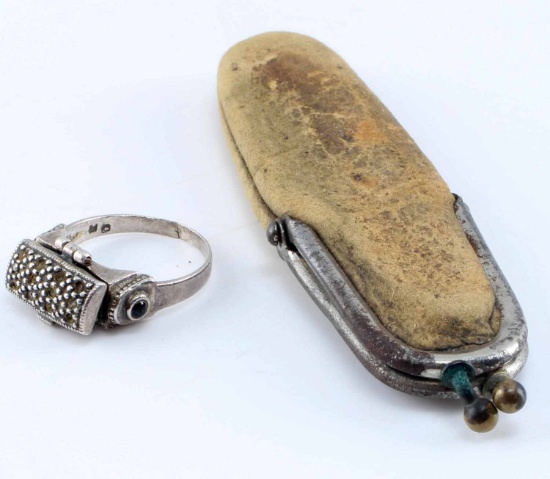 ANTIQUE CYANIDE RING & TWO BLADE POCKET KNIFE