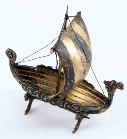 MINIATURE BRASS NORDIC VIKING SHIP ON STAND
