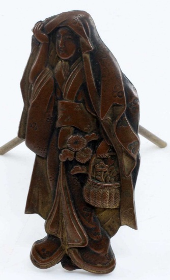 JAPANESE COPPER AND BRONZE GEISHA FIGURINE