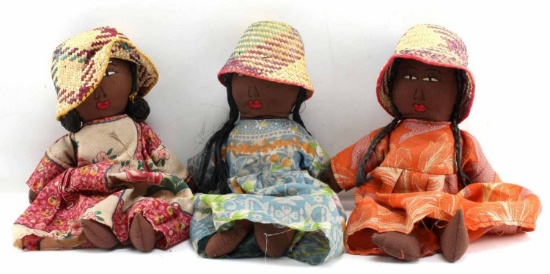 LOT OF 3 BROWN CLOTH DOLLS WITH STRAW HATS