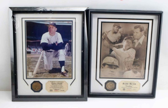BABE RUTH MICKEY MANTLE PHOTO & COMMEMORATIVE COIN