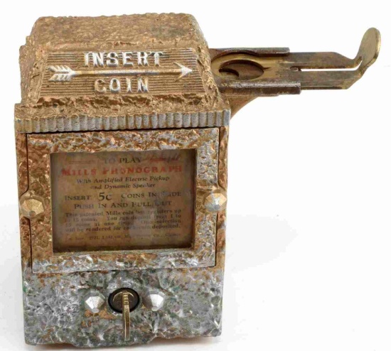 1921 MILLS PHONOGRAPH 5 CENT COIN SLIDE BOX W KEY