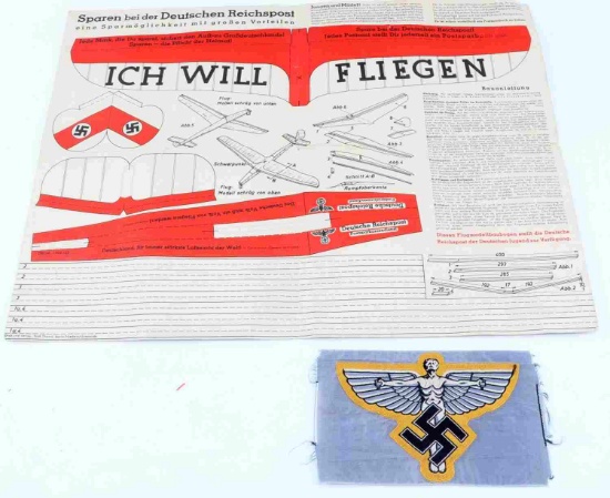 WWII GERMAN THIRD REICH NSFK PAPER GLIDER & PATCH