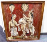 ANTIQUE INDIAN PAINTING OF FIGURES ON HEAVY WOOD