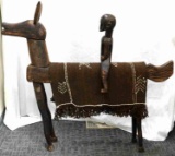 AFRICAN WOOD CARVED RIDER & HORSE W TEXTILE