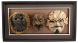 LOT OF 3 ETHNIC HIDE LEATHER MASKS IN OPEN FRAME
