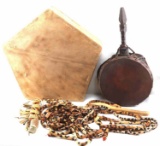 AFRICAN TRIBAL DRUM AND PERCUSSION INSTRUMENT LOT