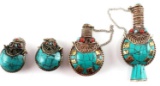 LOT OF FOUR TURQUOISE MOSAIC TIBETAN SNUFF BOTTLES