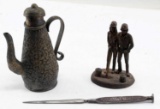 BRASS TEAPOT & NAIL LETTER OPENER & BRONZE FIGURE