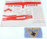 WWII GERMAN THIRD REICH NSFK PAPER GLIDER & PATCH
