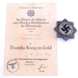 WW2 THIRD REICH GERMAN CROSS IN GOLD WITH DOCUMENT