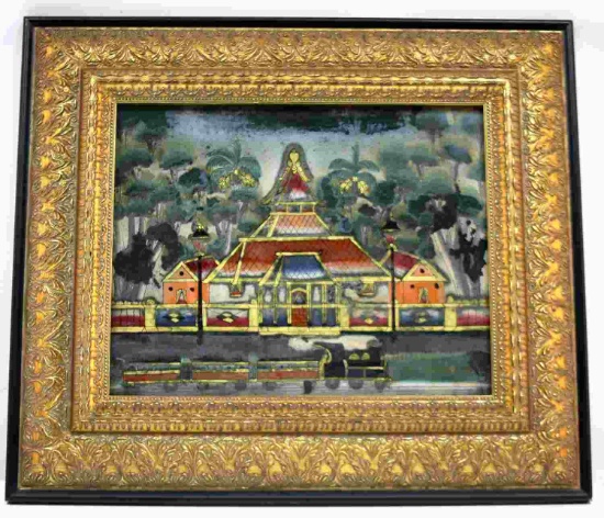ANTIQUE REVERSE GLASS PAINTING OF TEMPLE AND TRAIN