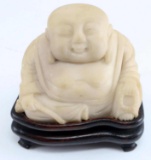 CARVED STONE BUDDHA W WOODEN STAND & TANKA