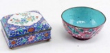 LOT OF PAINTED ENAMEL & METAL BOWL & SMALL BOX