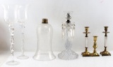 LOT OF SEVEN CANDLESTICKS & GLASS LAMP COVER