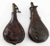 LOT OF 2 ANTIQUE POWDER FLASKS LEATHER & METAL