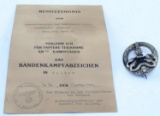 WWII GERMAN 3RD REICH ANTI PARTISAN BADGE & CERT