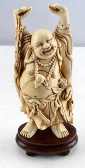 ANTIQUE IVORY BUDDHA LAUGHING RAISED HANDS