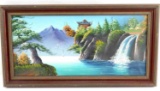 ASIAN OIL ON CANVAS PAINTING PAGODA W WATERFALL