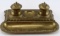 ANTIQUE BRASS DOUBLE INKWELL AND PEN HOLDER