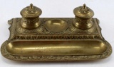 ANTIQUE BRASS DOUBLE INKWELL AND PEN HOLDER