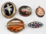 LOT OF 5 ANTIQUE BROOCHES CAMEO STONE PAINTED GOLD