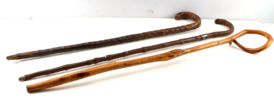 LOT OF 3 KNOTTY PINE WOOD WALKING STICKS CANES