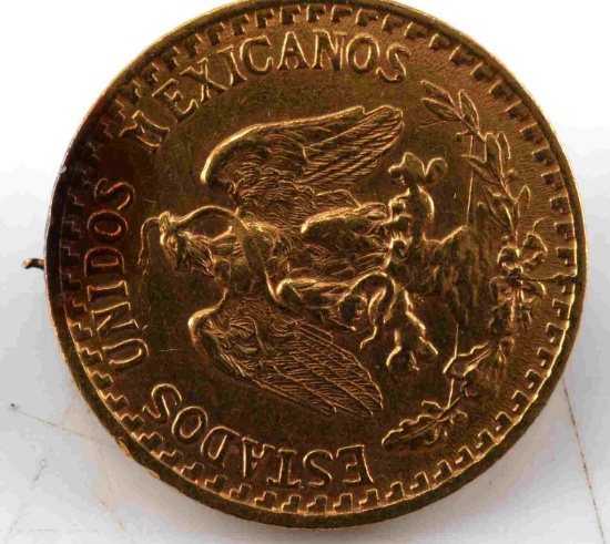 GOLD MEXICAN TWO PESO COIN WITH VERTICAL PIN BACK