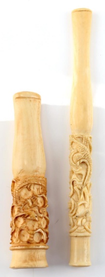 2 ANTIQUE IVORY CIGAR CIGARETTE CHEROOT HOLDERS