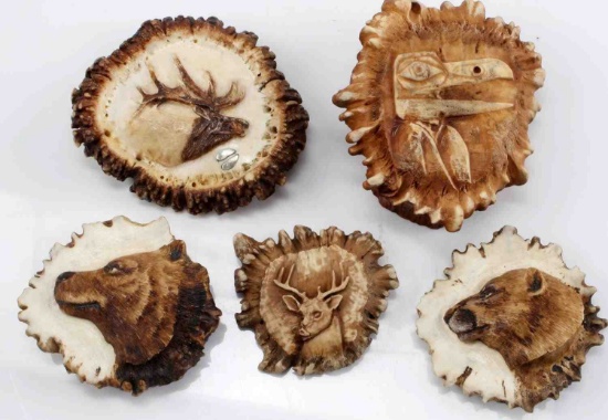 ELK AND MOOSE CARVED ANTLER BURR ROSETTE LOT