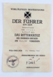 GERMAN WWII KNIGHTS CROSS IRON CROSS DOCUMENT