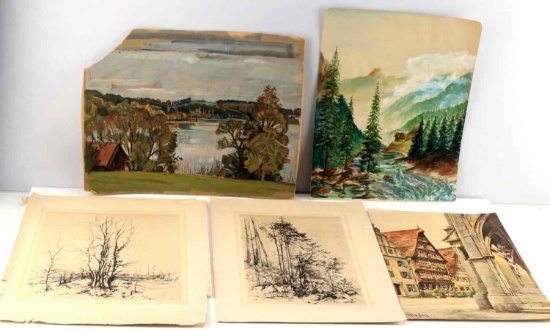 WWII ERA  ART PRINT AND WATER COLOR LANDSCAPE LOT