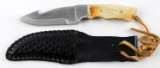CUSTOM GUT HOOK KNIFE WITH SHEATH BONE GRIP