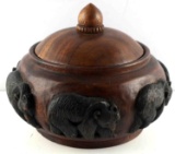 RUSTIC BEAR CARVED TEAK WOOD BOWL WITH LID