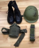 BLACK LACE UP COMBAT BOOTS M1 HELMET CANTEEN