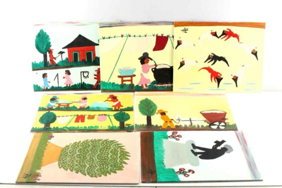 SEVEN FRANKIE HUNTER BLACK AMERICAN FOLK PAINTINGS