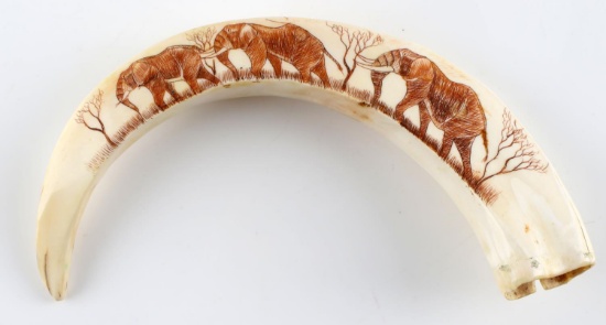 SCRIMSHAWED AFRICAN ELEPHANT ON WARTHOG TUSK