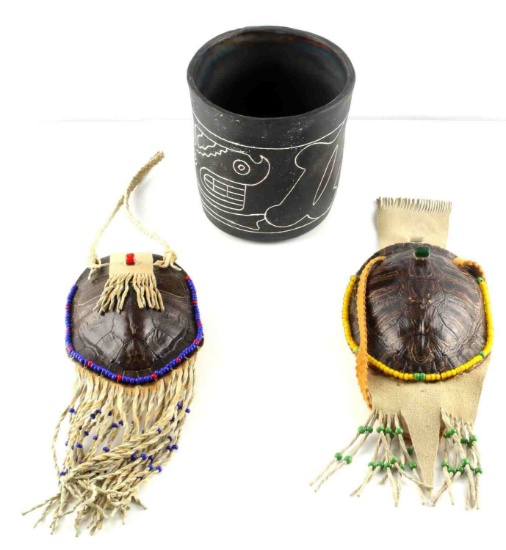 2 NATIVE AMERICAN TURTLE SHELL POUCH & POT